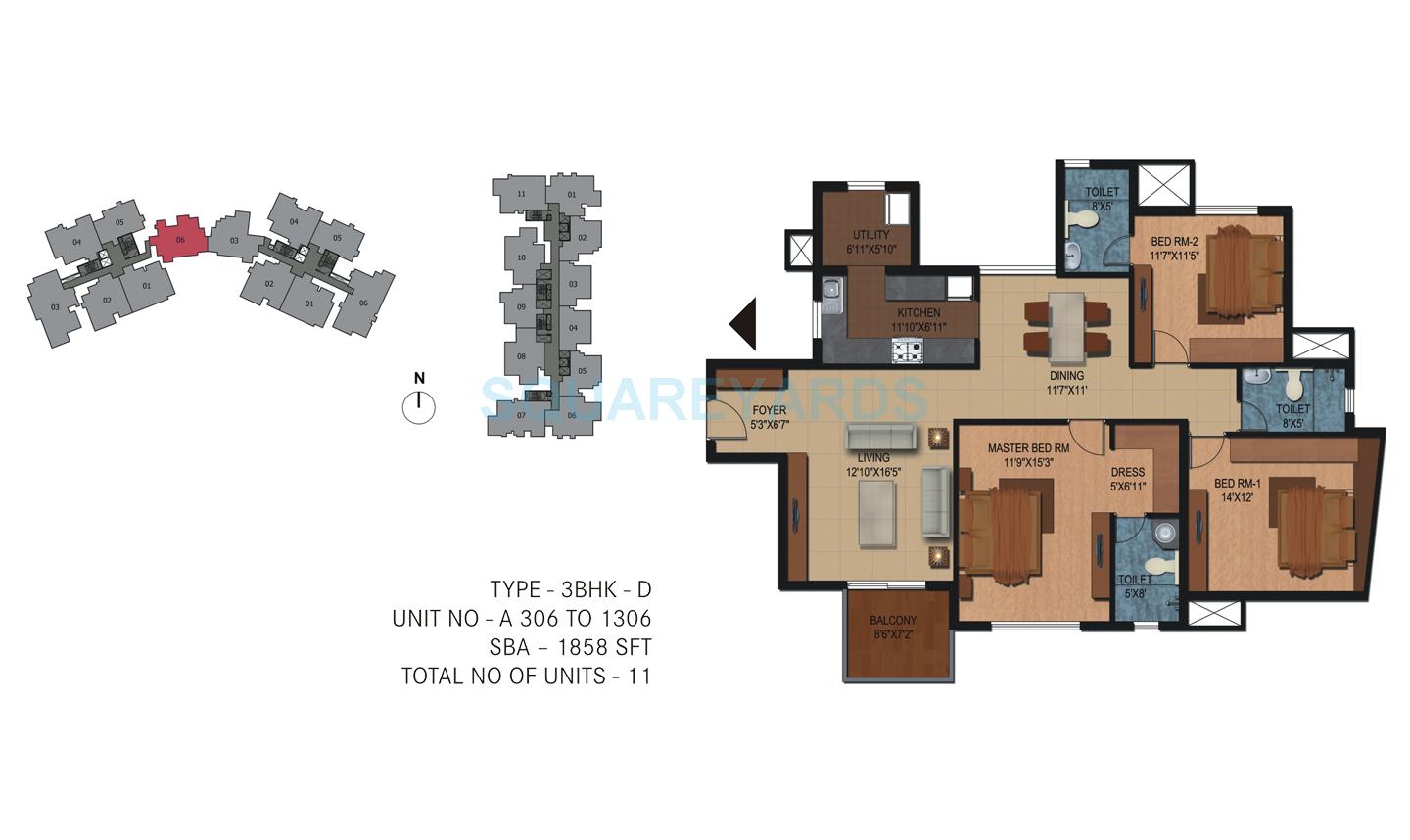 Floor plan of 3 BHK 1858 Sq. Ft. Apartment in Century Breeze, Bangalore