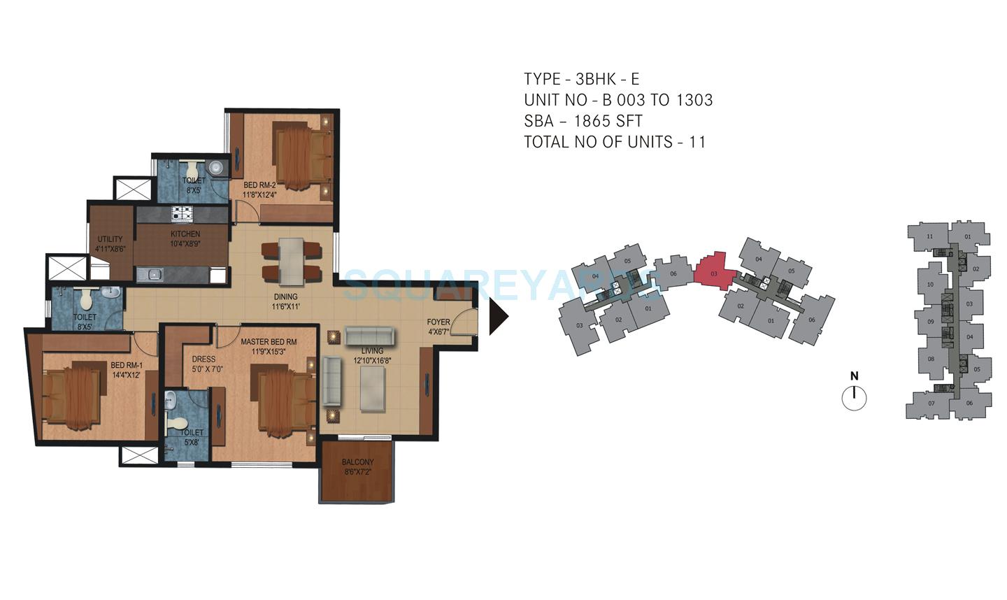 Floor plan of 3 BHK 1865 Sq. Ft. Apartment in Century Breeze, Bangalore