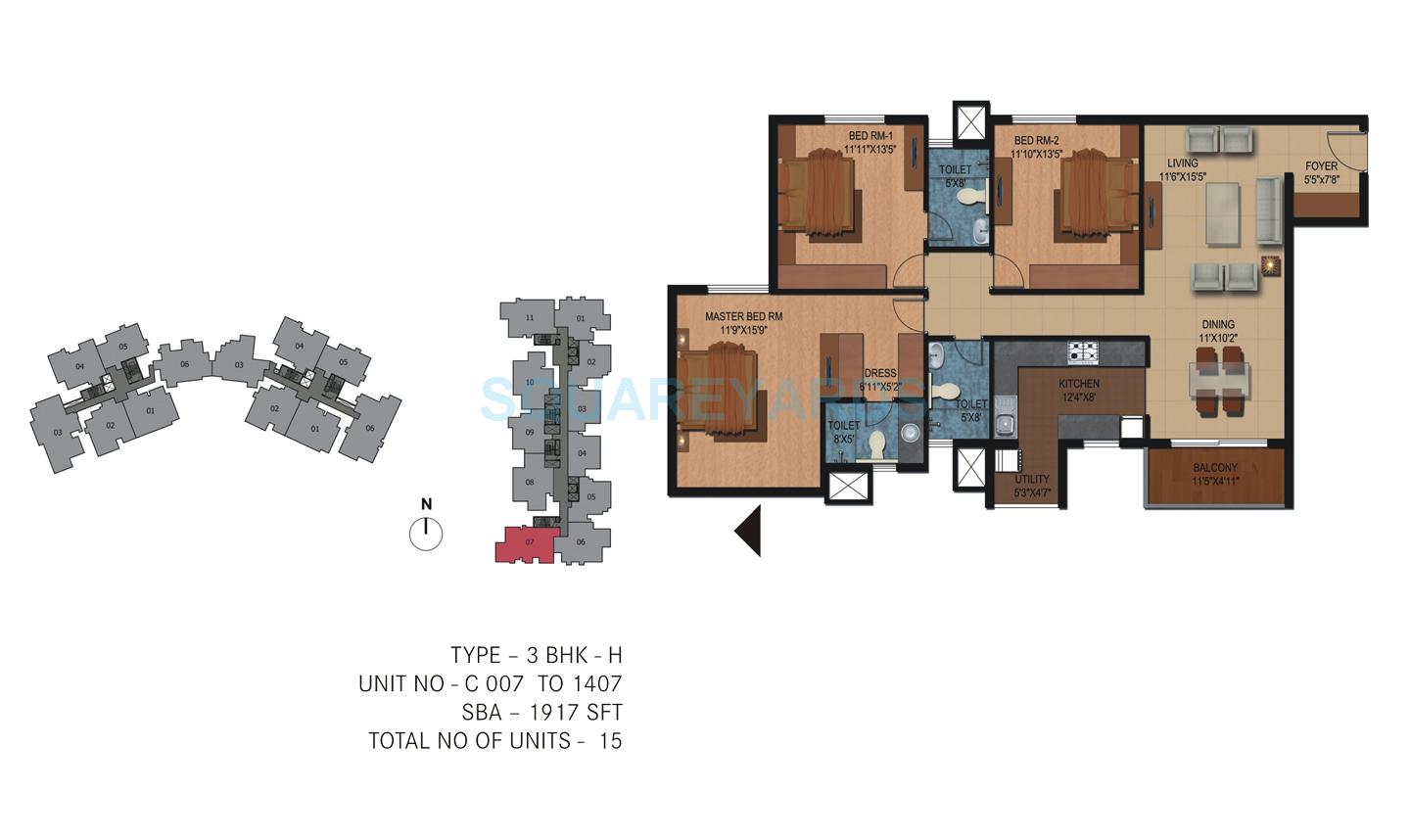 Floor plan of 3 BHK 1917 Sq. Ft. Apartment in Century Breeze, Bangalore