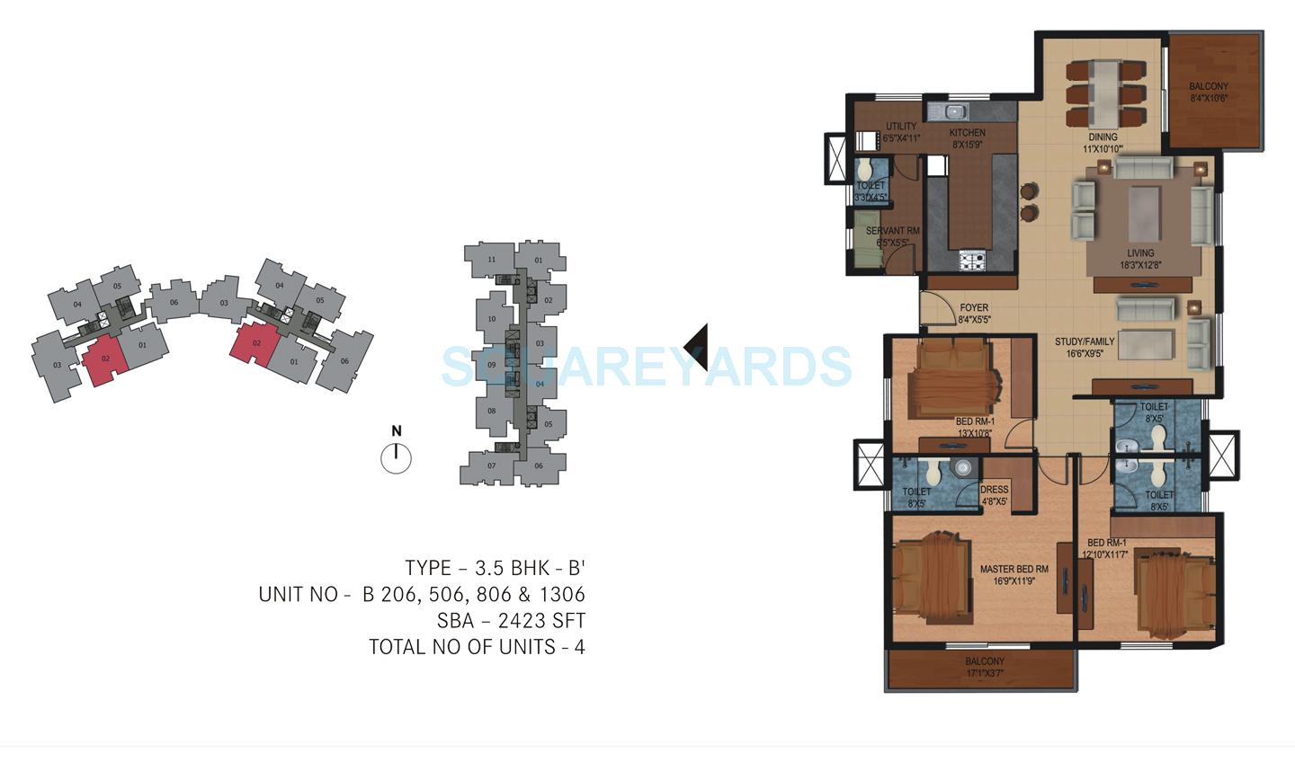 Floor plan of 3 BHK 2423 Sq. Ft. Apartment in Century Breeze, Bangalore