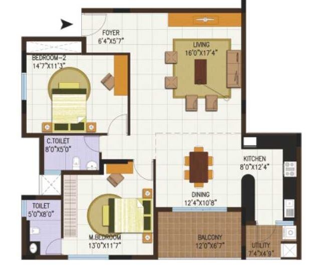 Floor plan of 2 BHK 1561 Sq. Ft. Apartment in Century Central, Bangalore