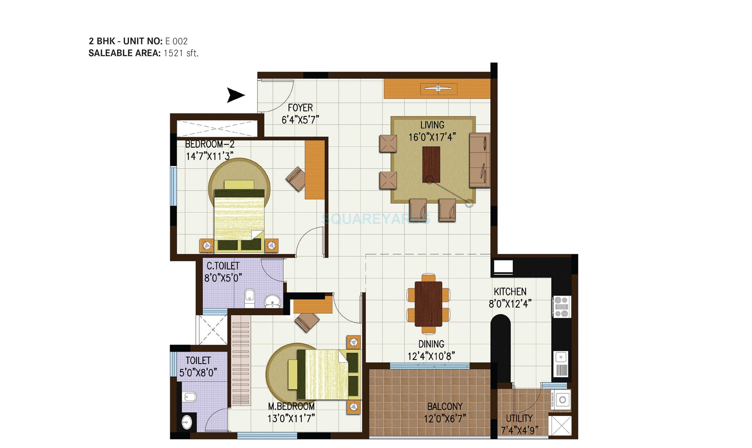 Floor plan of 2 BHK 1394 Sq. Ft. Apartment in Century Central, Bangalore
