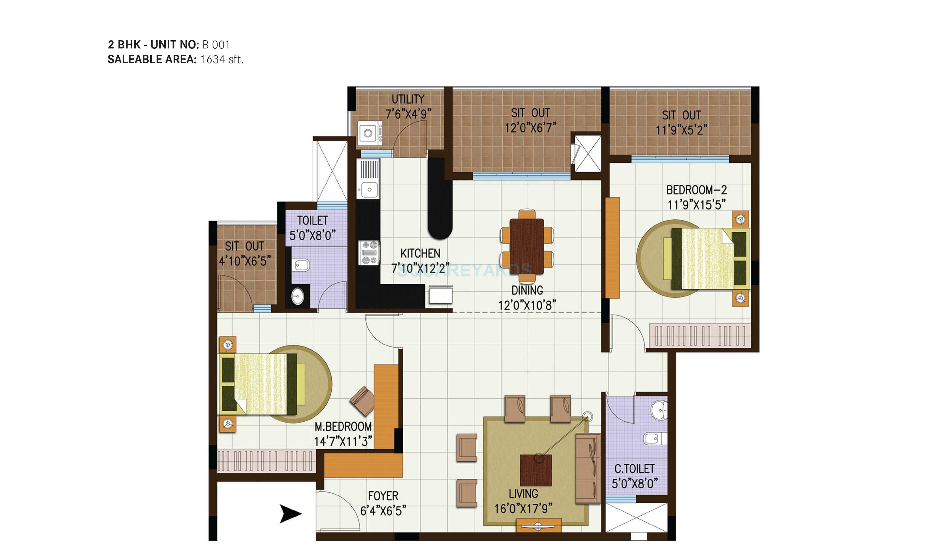 Floor plan of 2 BHK 1634 Sq. Ft. Apartment in Century Central, Bangalore