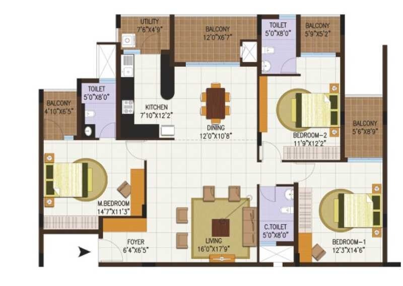 Floor plan of 3 BHK 1978 Sq. Ft. Apartment in Century Central, Bangalore