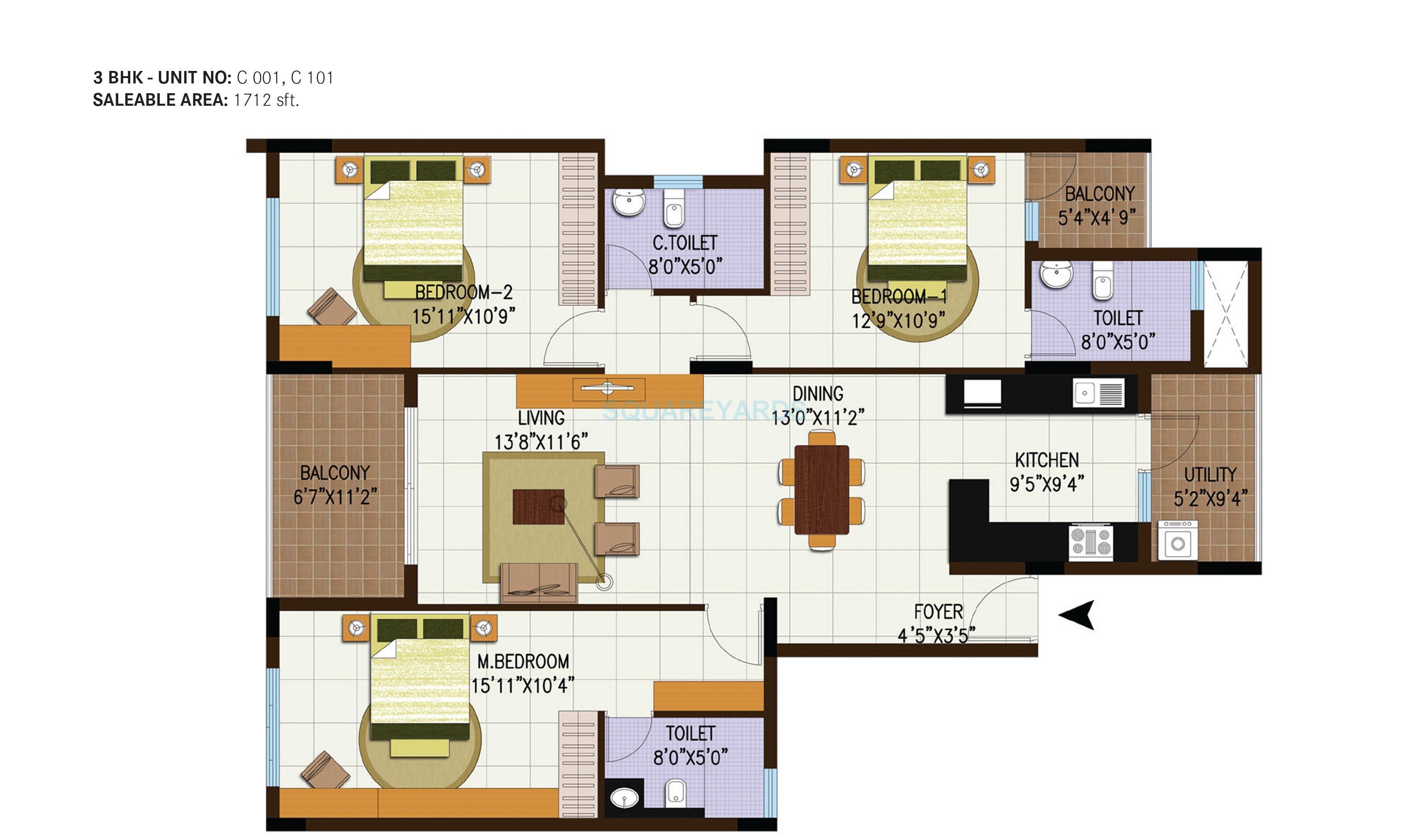 Floor plan of 3 BHK 1712 Sq. Ft. Apartment in Century Central, Bangalore