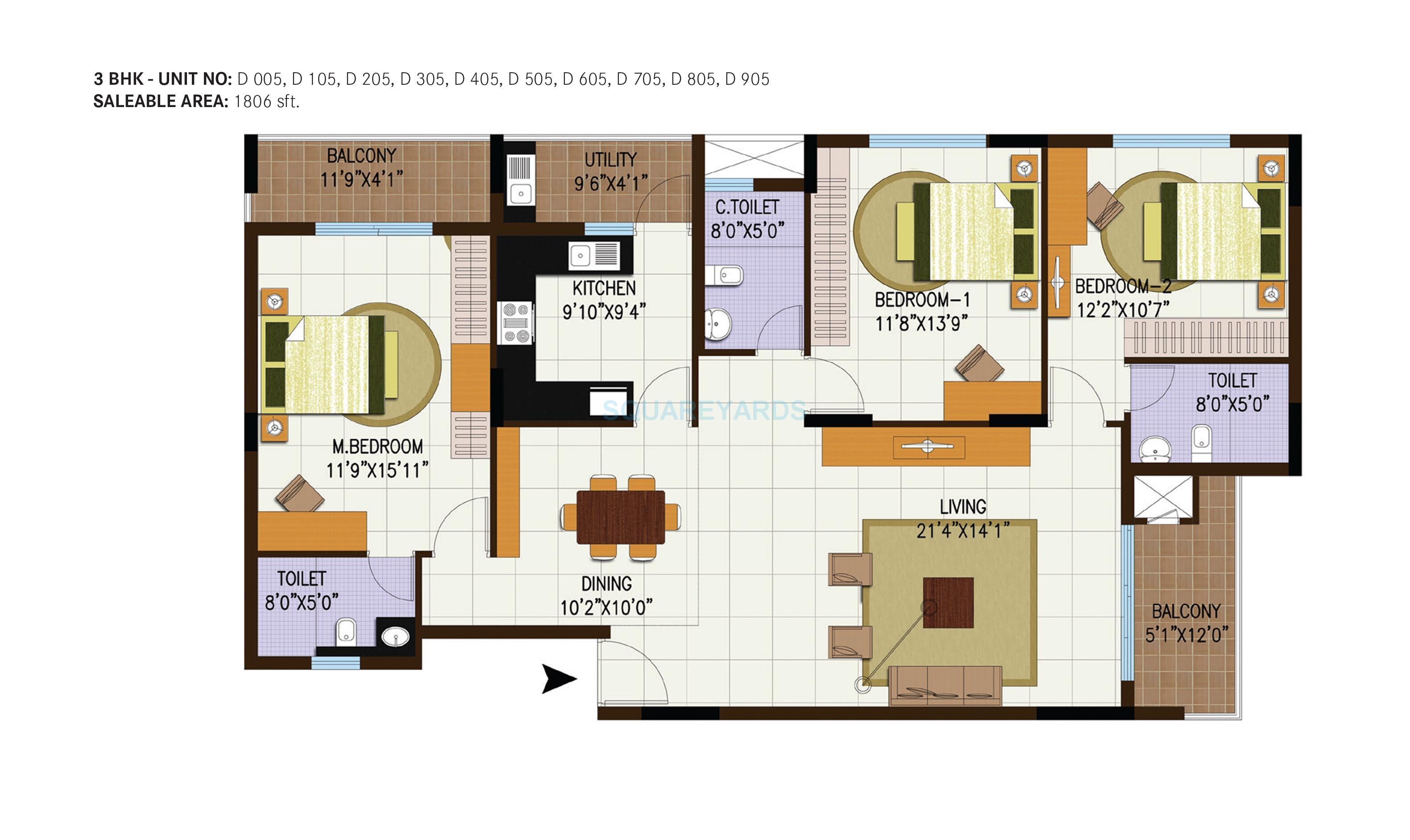 Floor plan of 3 BHK 1797 Sq. Ft. Apartment in Century Central, Bangalore