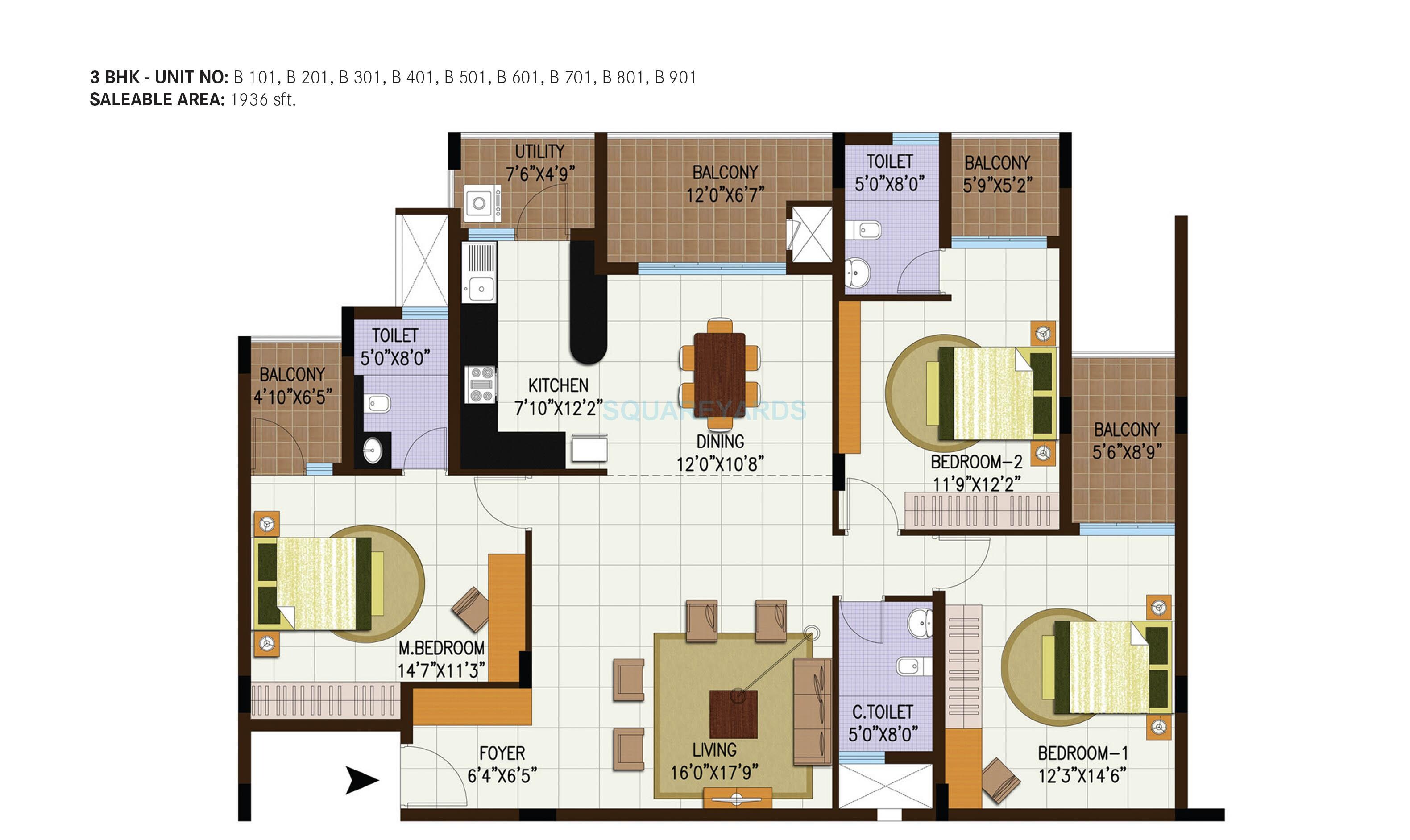 Floor plan of 3 BHK 1806 Sq. Ft. Apartment in Century Central, Bangalore