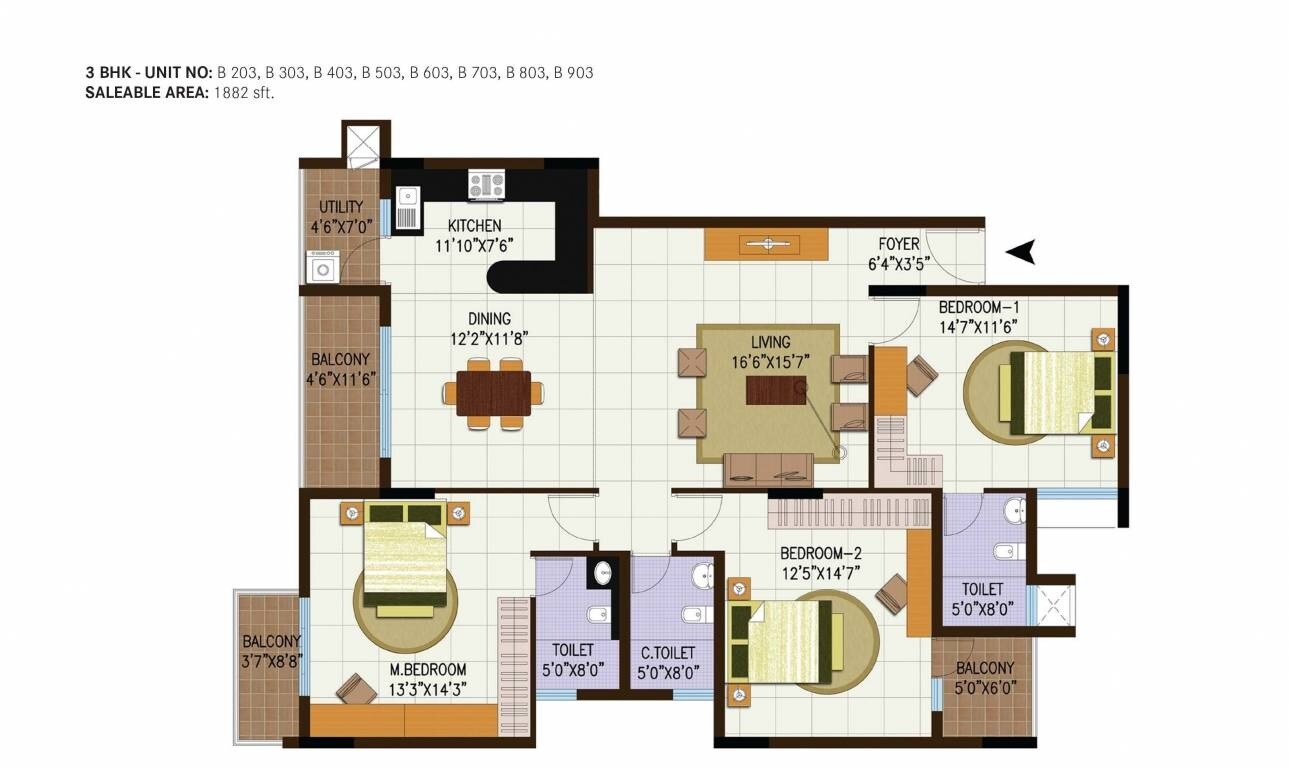 Floor plan of 3 BHK 1936 Sq. Ft. Apartment in Century Central, Bangalore