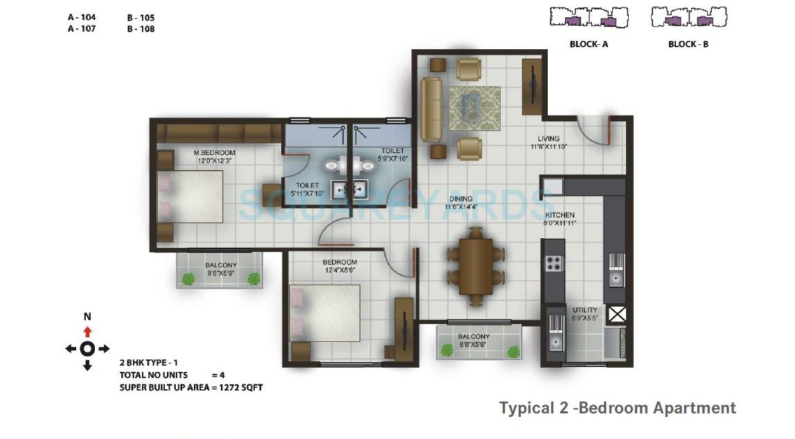 Floor plan of 2 BHK 1272 Sq. Ft. Apartment in Century Celeste, Bangalore