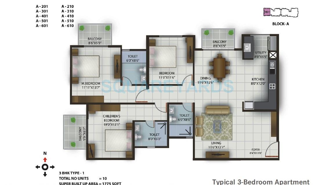 Floor plan of 3 BHK 1775 Sq. Ft. Apartment in Century Celeste, Bangalore