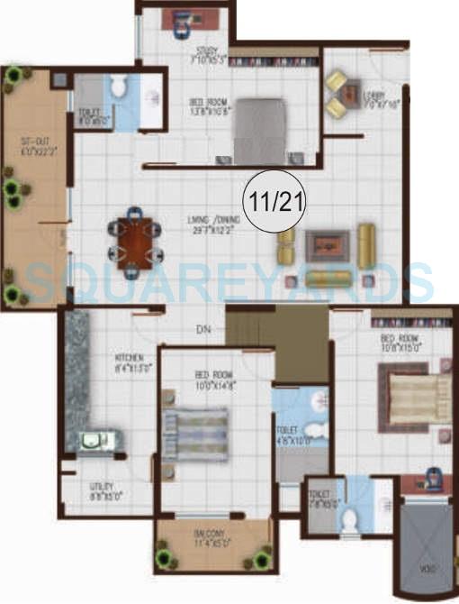 Floor plan of 3 BHK 1672 Sq. Ft. Apartment in Century Chimes, Bangalore