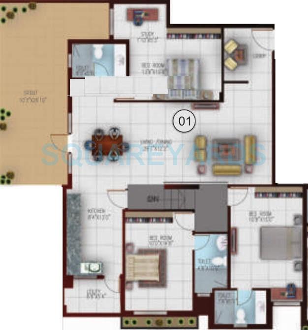Floor plan of 3 BHK 1725 Sq. Ft. Apartment in Century Chimes, Bangalore