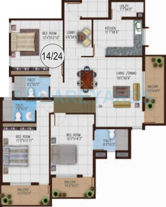 Floor plan of 3 BHK 1875 Sq. Ft. Apartment in Century Chimes, Bangalore