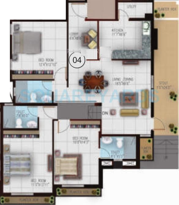 Floor plan of 3 BHK 1993 Sq. Ft. Apartment in Century Chimes, Bangalore