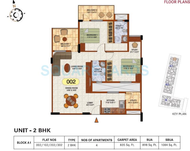 Floor plan of 2 BHK 1084 Sq. Ft. Apartment in Century Commanders Vista, Bangalore
