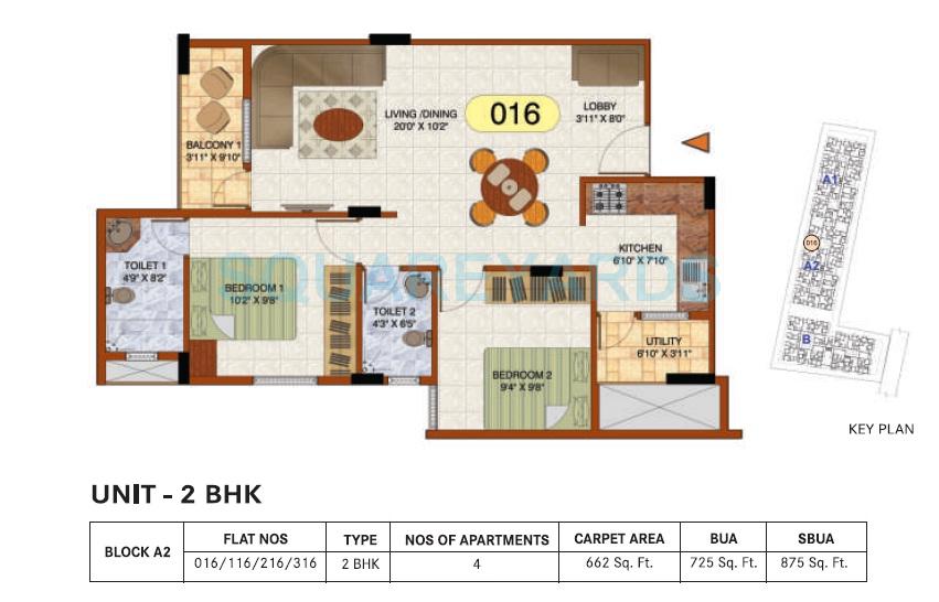 Floor plan of 2 BHK 875 Sq. Ft. Apartment in Century Commanders Vista, Bangalore