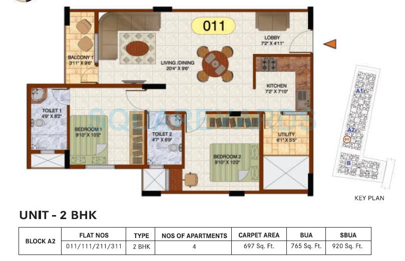 Floor plan of 2 BHK 920 Sq. Ft. Apartment in Century Commanders Vista, Bangalore