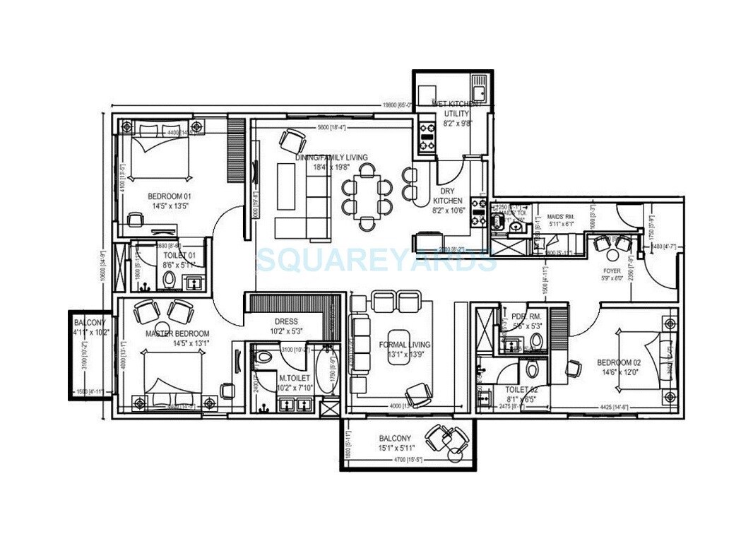 Floor plan of 3 BHK 2960 Sq. Ft. Apartment in Century Ethos, Bangalore