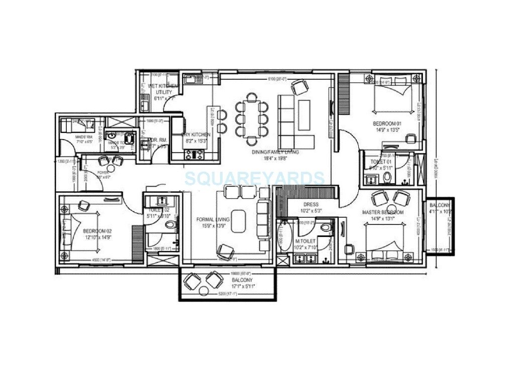 Floor plan of 3 BHK 3075 Sq. Ft. Apartment in Century Ethos, Bangalore
