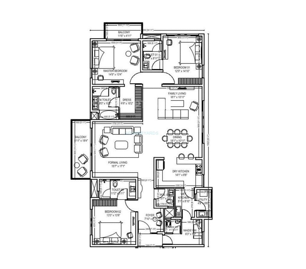 Floor plan of 3 BHK 3388 Sq. Ft. Apartment in Century Ethos, Bangalore
