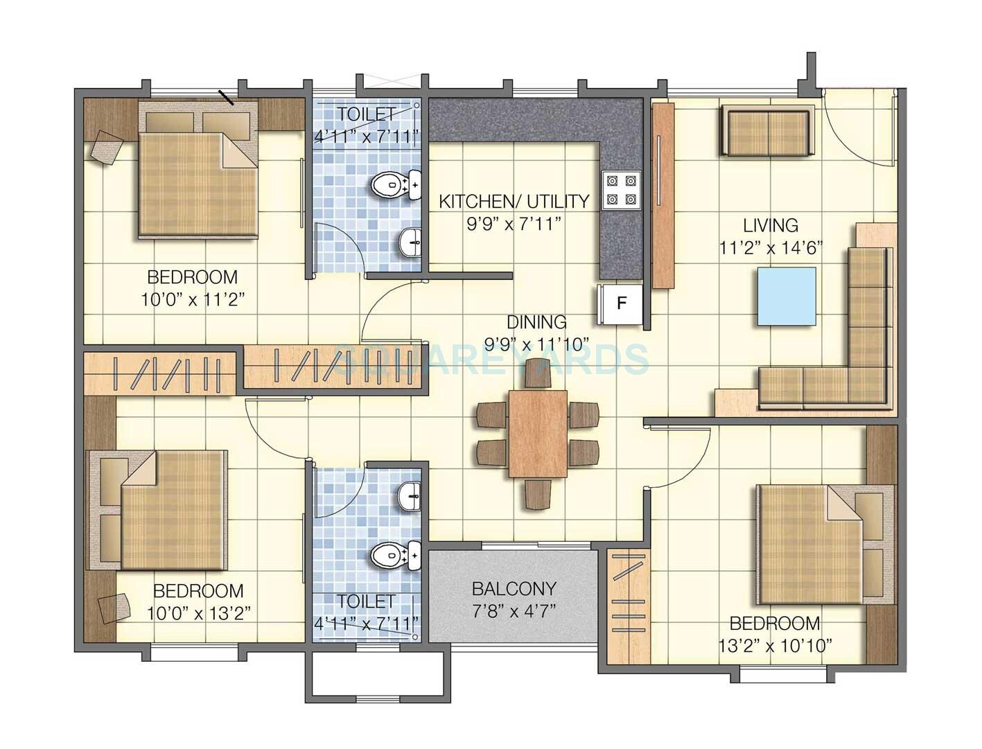 Floor plan of 3 BHK 3936 Sq. Ft. Apartment in Century Ethos, Bangalore