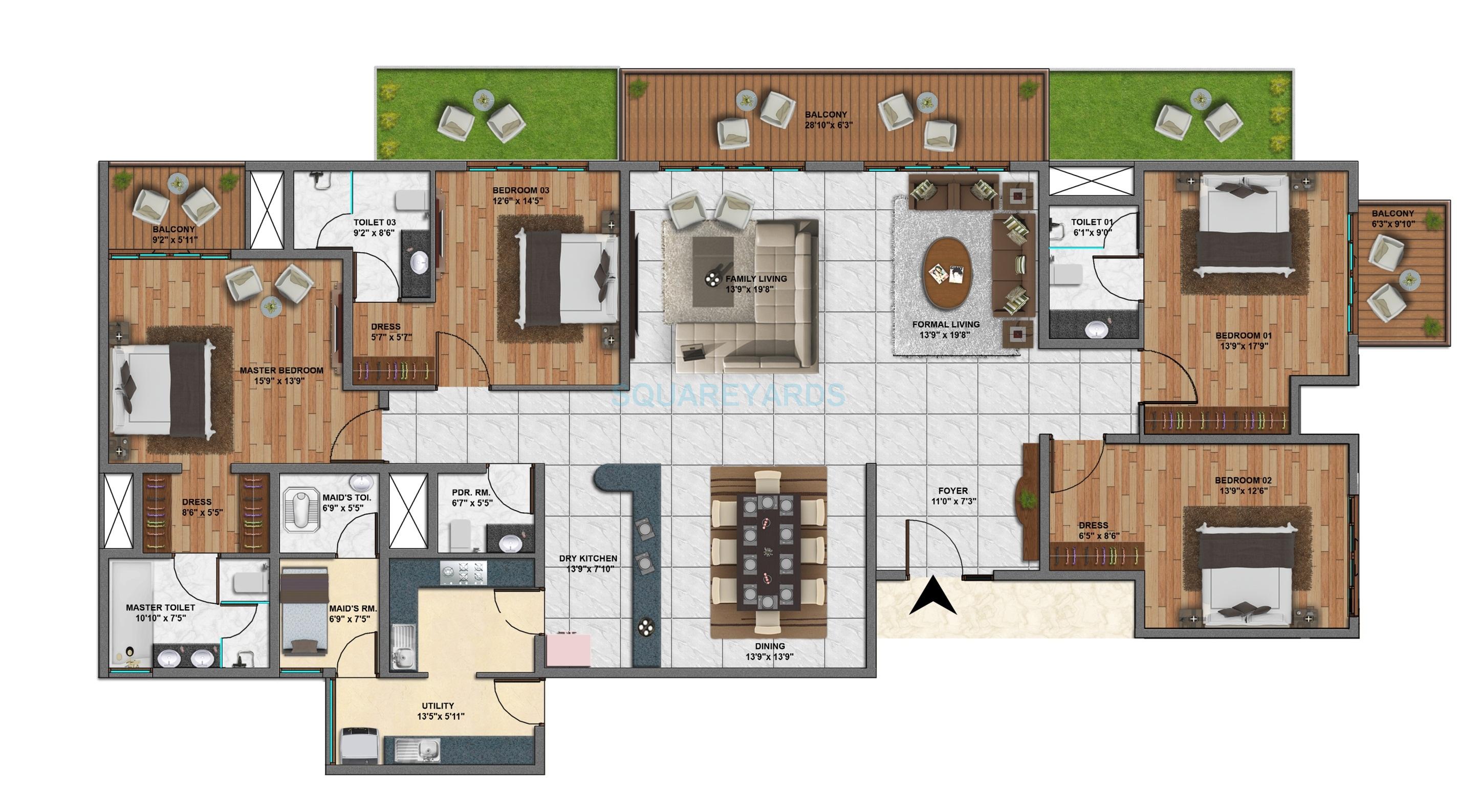 Floor plan of 4 BHK 4235 Sq. Ft. Apartment in Century Ethos, Bangalore