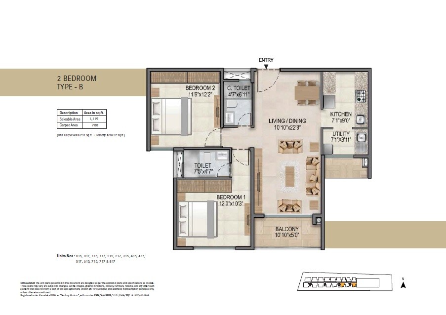 Floor plan of 2 BHK 1119 Sq. Ft. Apartment in Century Horizon, Bangalore