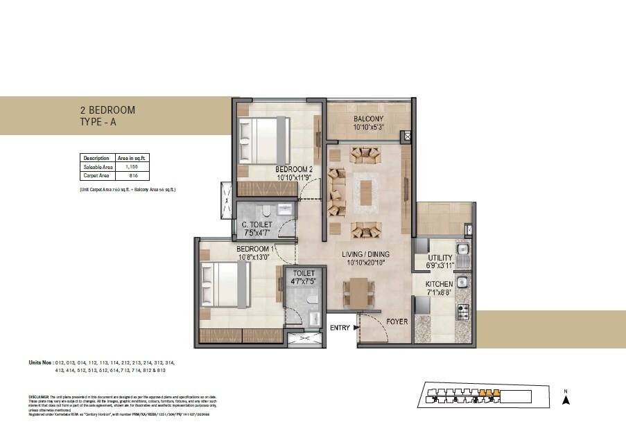 Floor plan of 2 BHK 1155 Sq. Ft. Apartment in Century Horizon, Bangalore