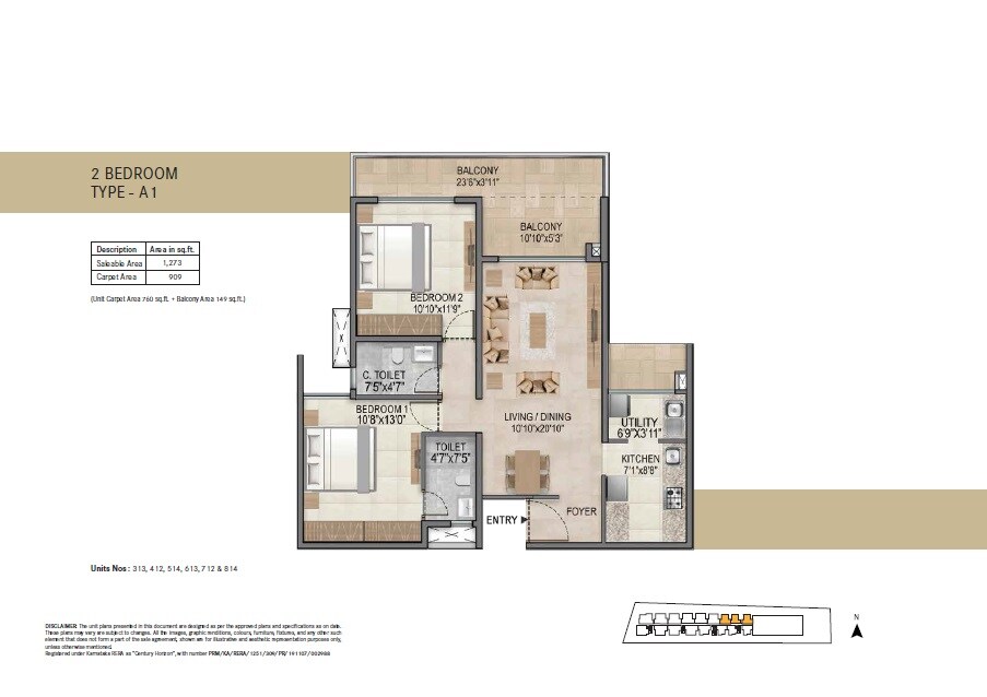 Floor plan of 2 BHK 1273 Sq. Ft. Apartment in Century Horizon, Bangalore
