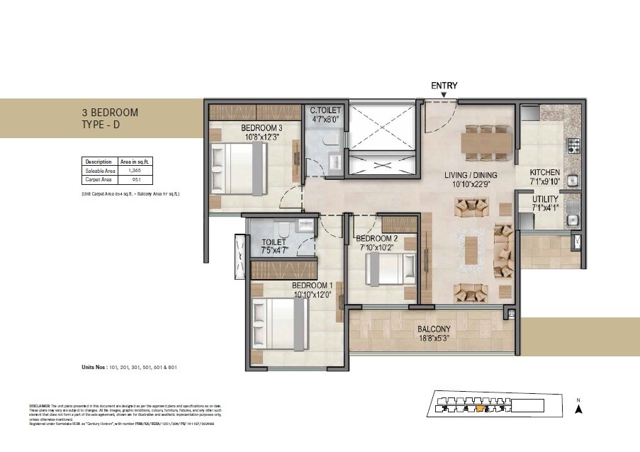 Floor plan of 3 BHK 1365 Sq. Ft. Apartment in Century Horizon, Bangalore
