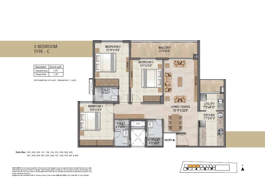 Floor plan of 3 BHK 1667 Sq. Ft. Apartment in Century Horizon, Bangalore