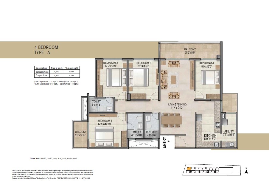 Floor plan of 4 BHK 1919 Sq. Ft. Apartment in Century Horizon, Bangalore