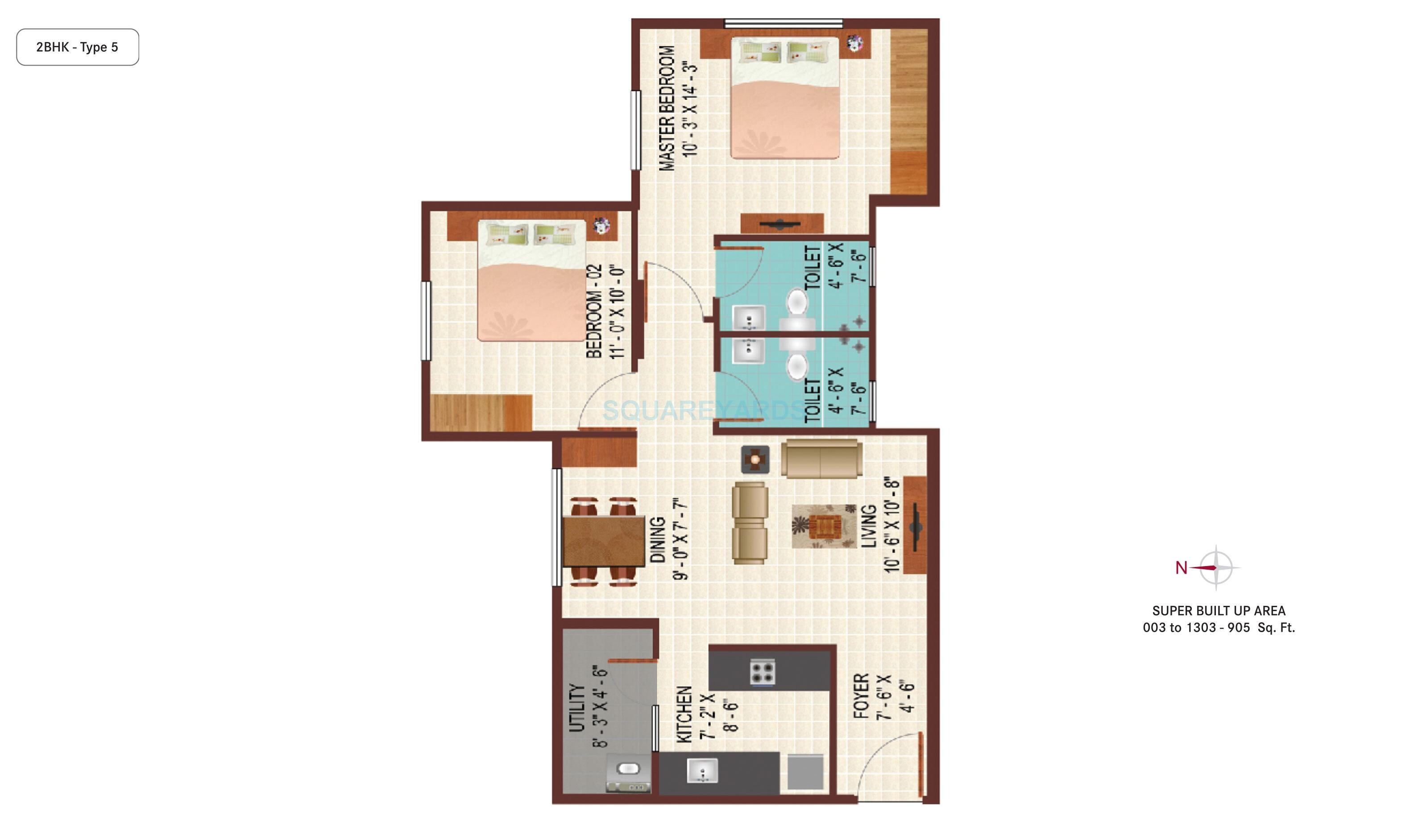Floor plan of 2 BHK 905 Sq. Ft. Apartment in Century Indus, Bangalore