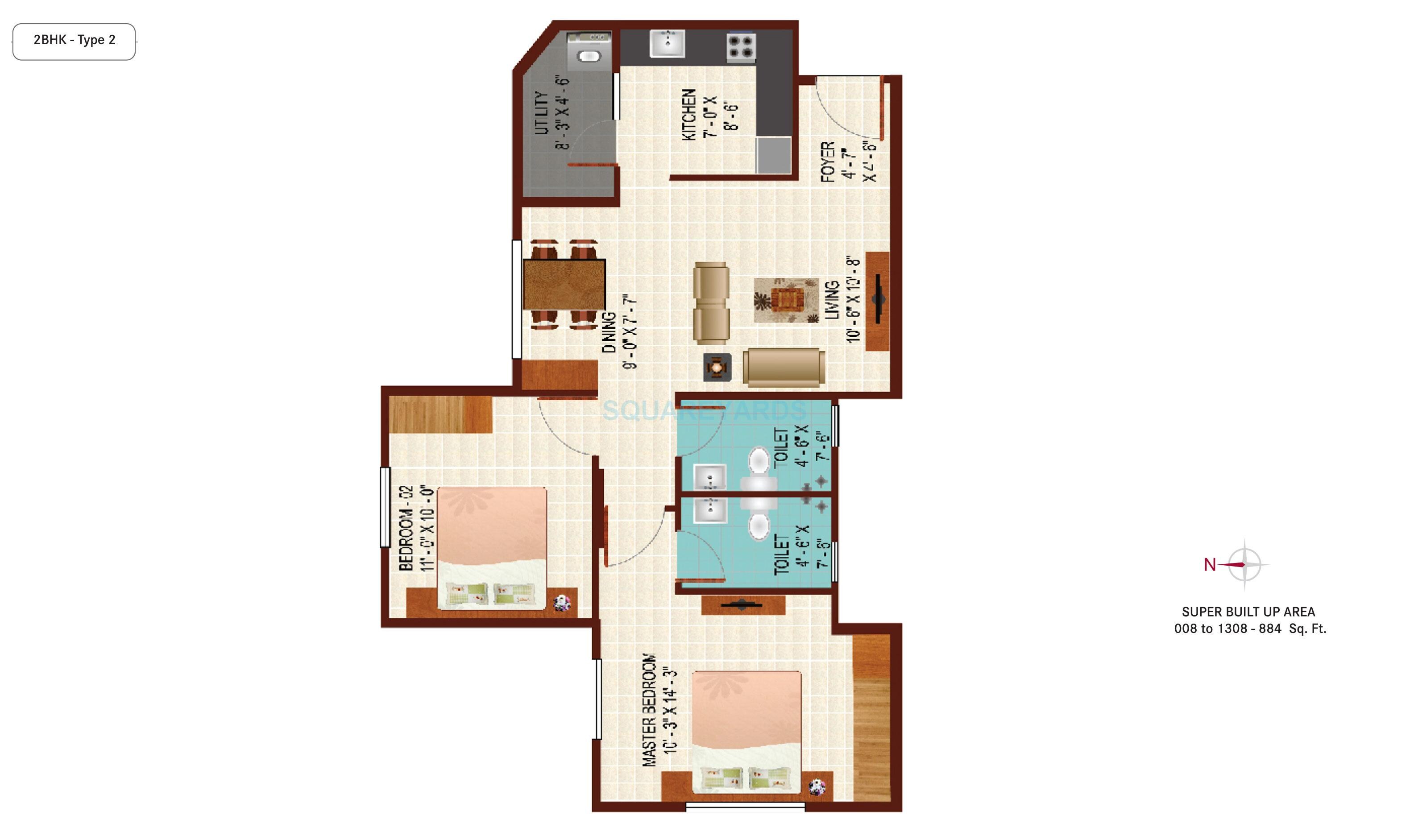 Floor plan of 2 BHK 884 Sq. Ft. Apartment in Century Indus, Bangalore