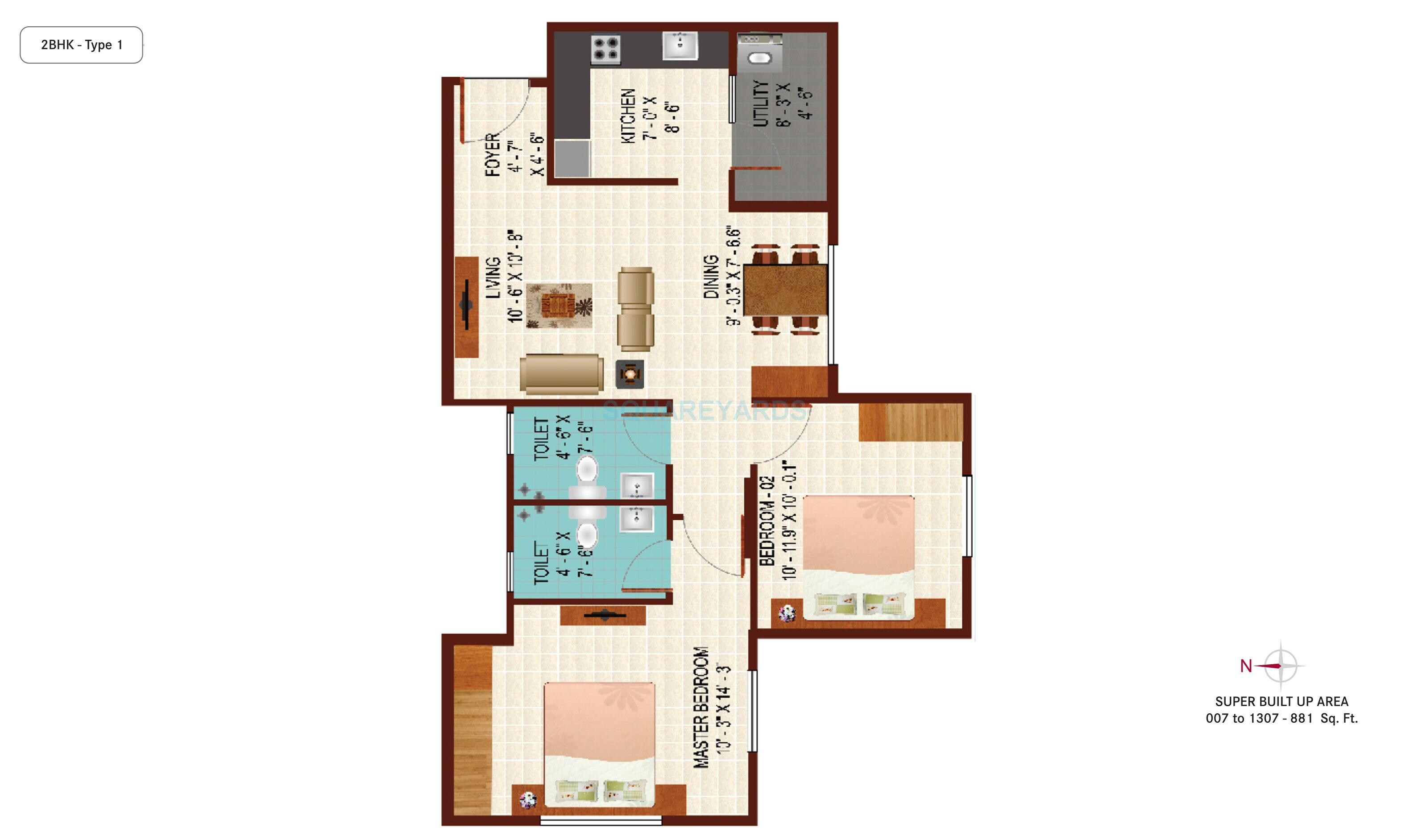 Floor plan of 2 BHK 881 Sq. Ft. Apartment in Century Indus, Bangalore
