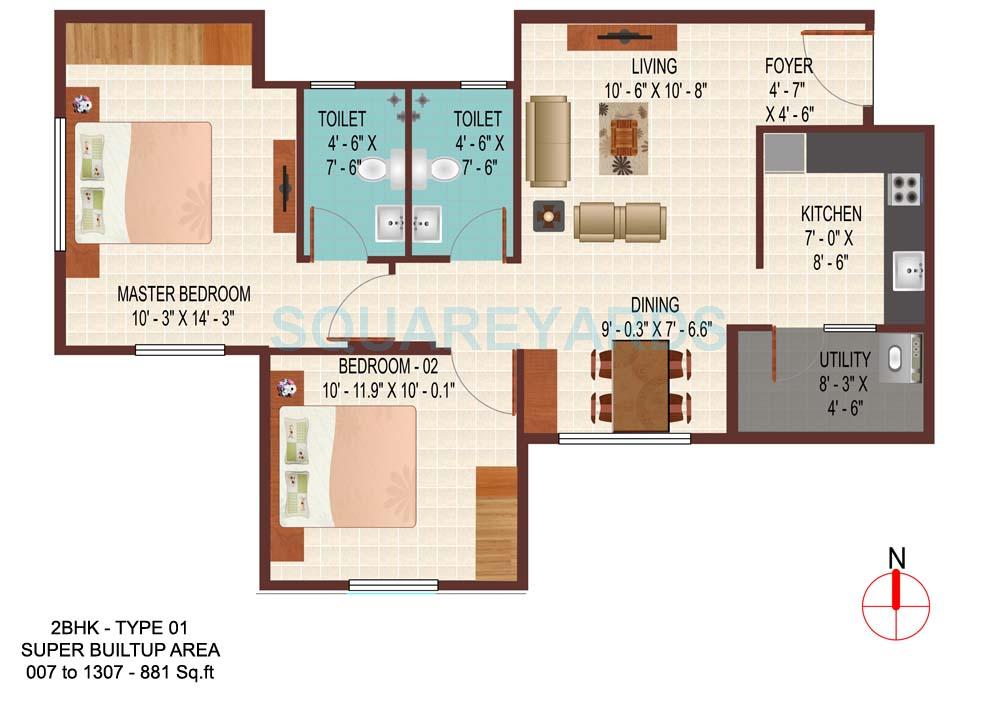 Floor plan of 2 BHK 1307 Sq. Ft. Apartment in Century Indus, Bangalore