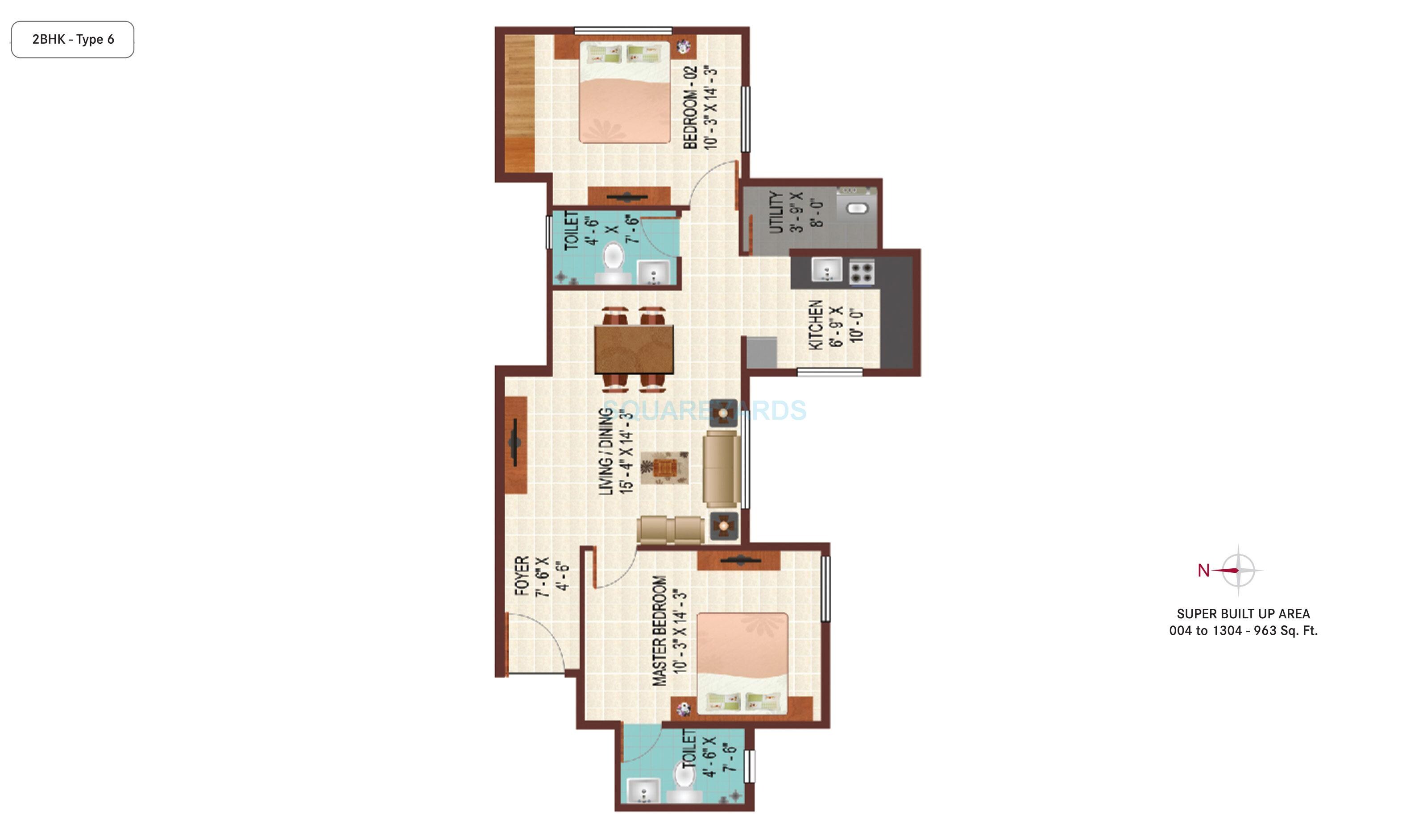 Floor plan of 2 BHK 986 Sq. Ft. Apartment in Century Indus, Bangalore
