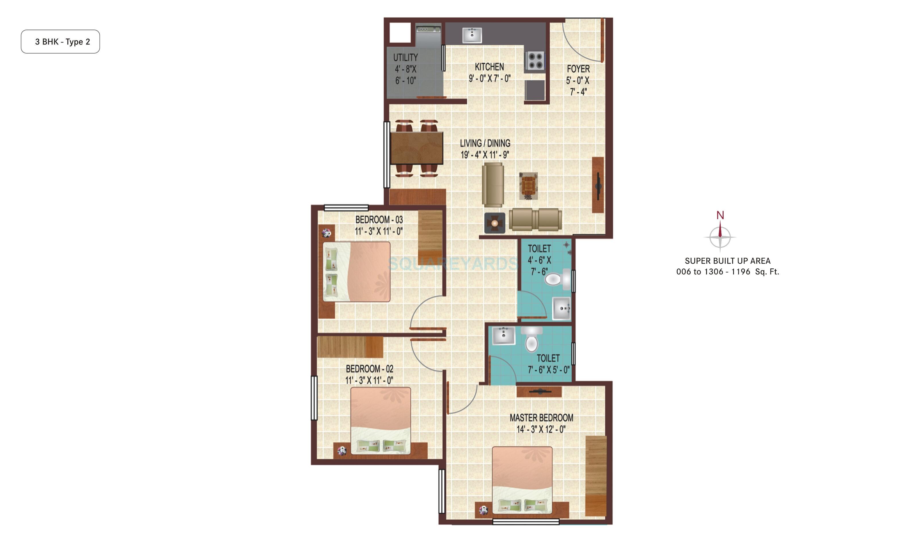Floor plan of 3 BHK 1196 Sq. Ft. Apartment in Century Indus, Bangalore