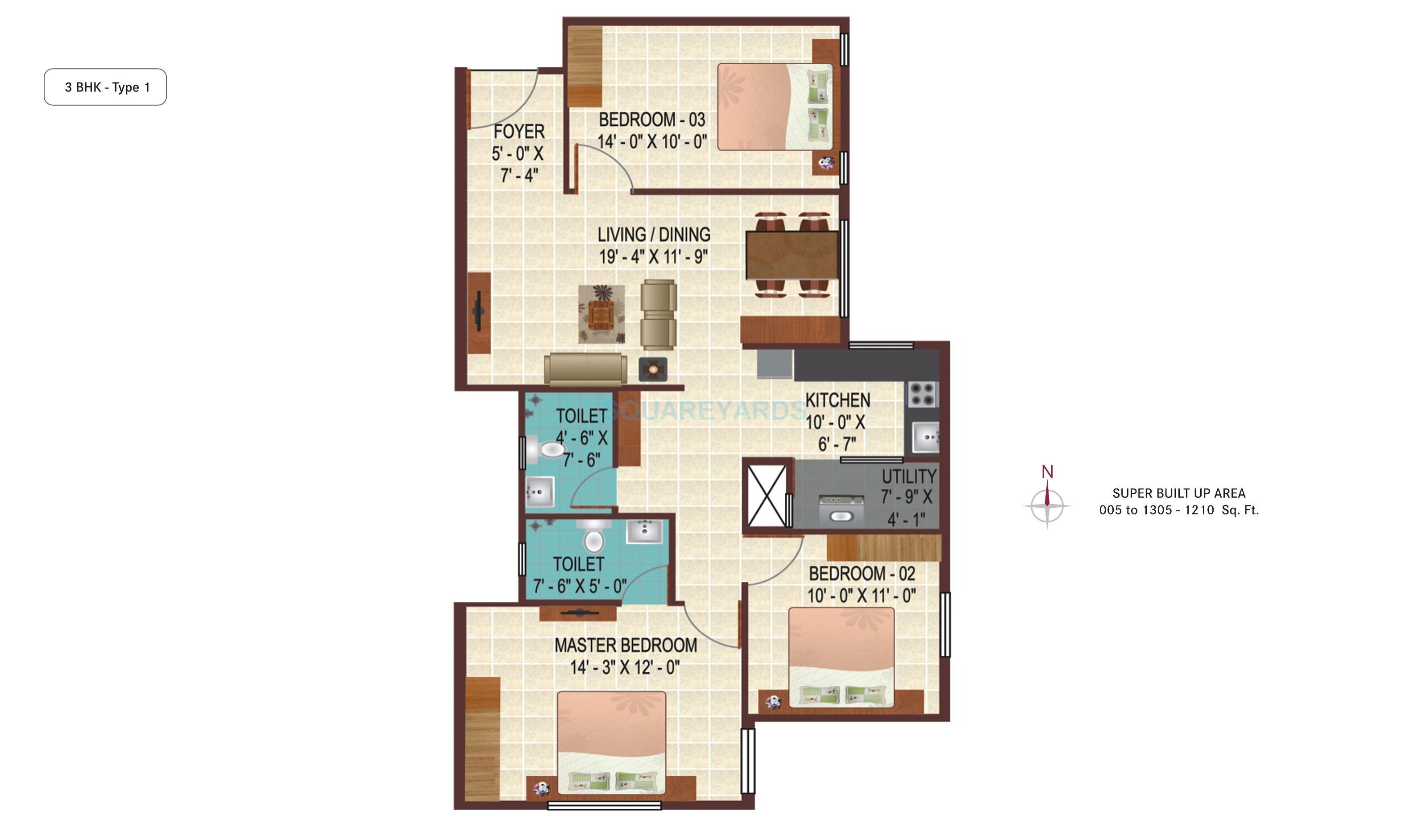Floor plan of 3 BHK 1210 Sq. Ft. Apartment in Century Indus, Bangalore