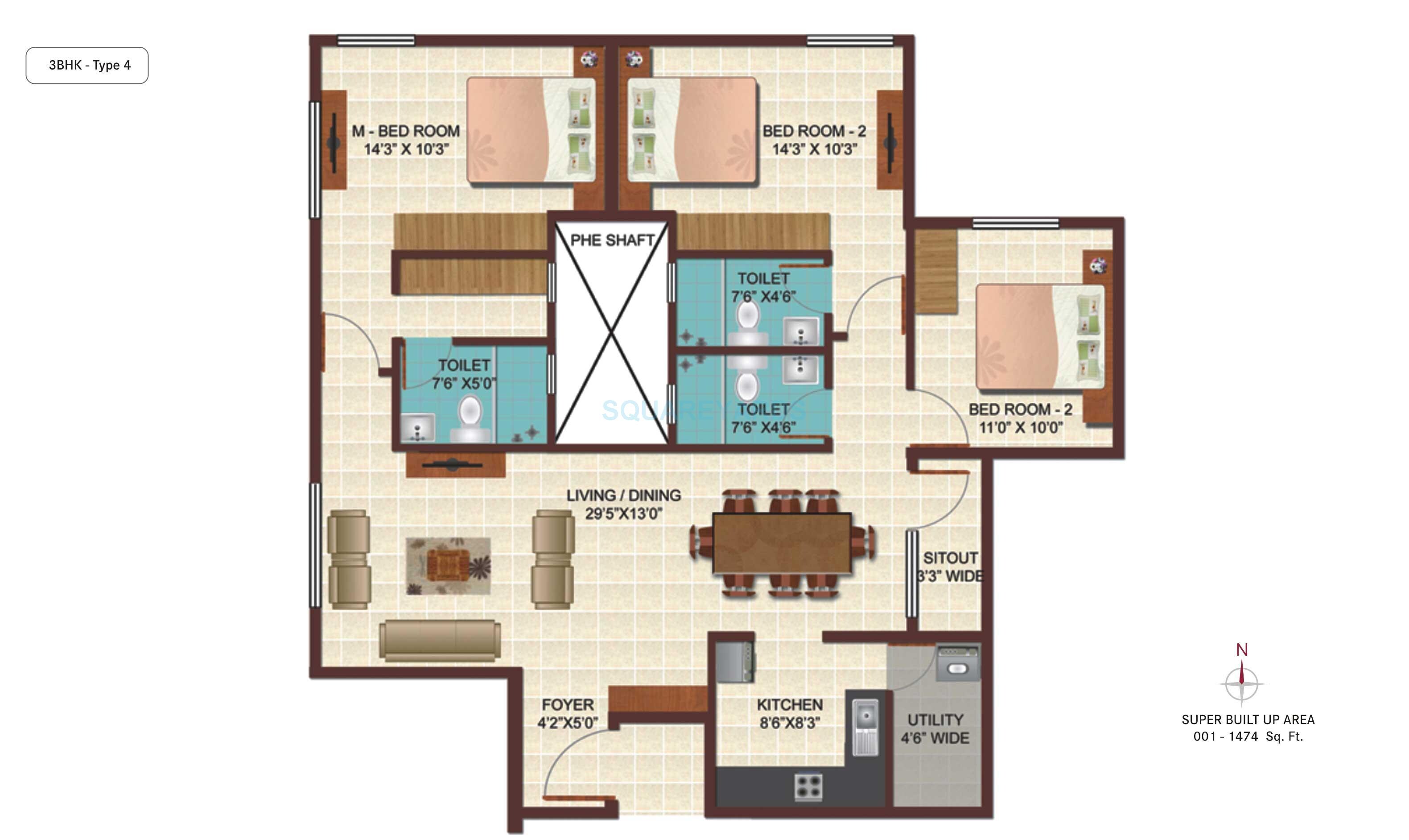 Floor plan of 3 BHK 1474 Sq. Ft. Apartment in Century Indus, Bangalore