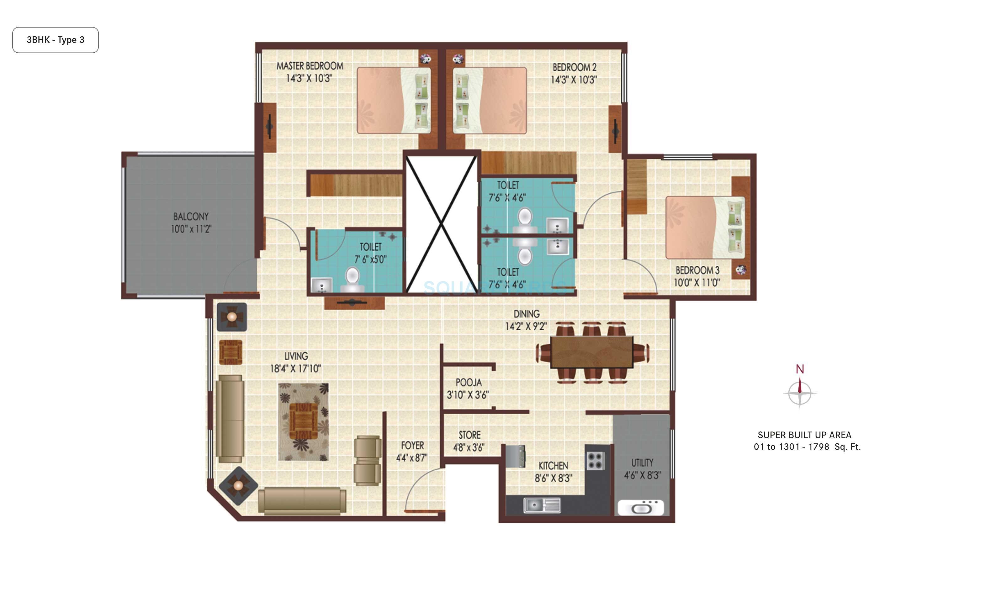 Floor plan of 3 BHK 1798 Sq. Ft. Apartment in Century Indus, Bangalore