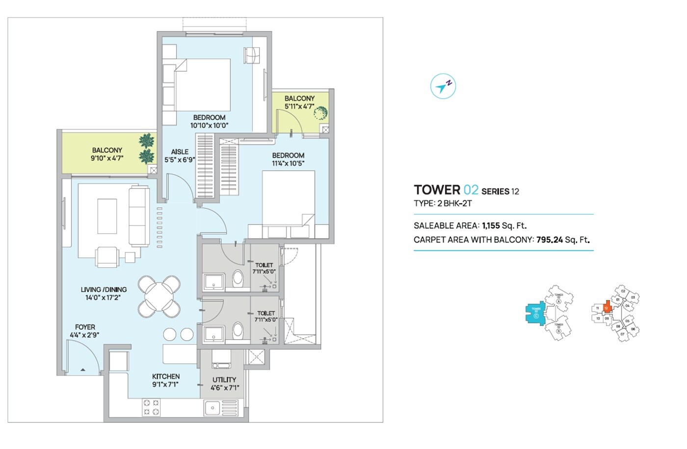 Floor plan of 2 BHK 1155 Sq. Ft. Apartment in Century Kindle, Bangalore