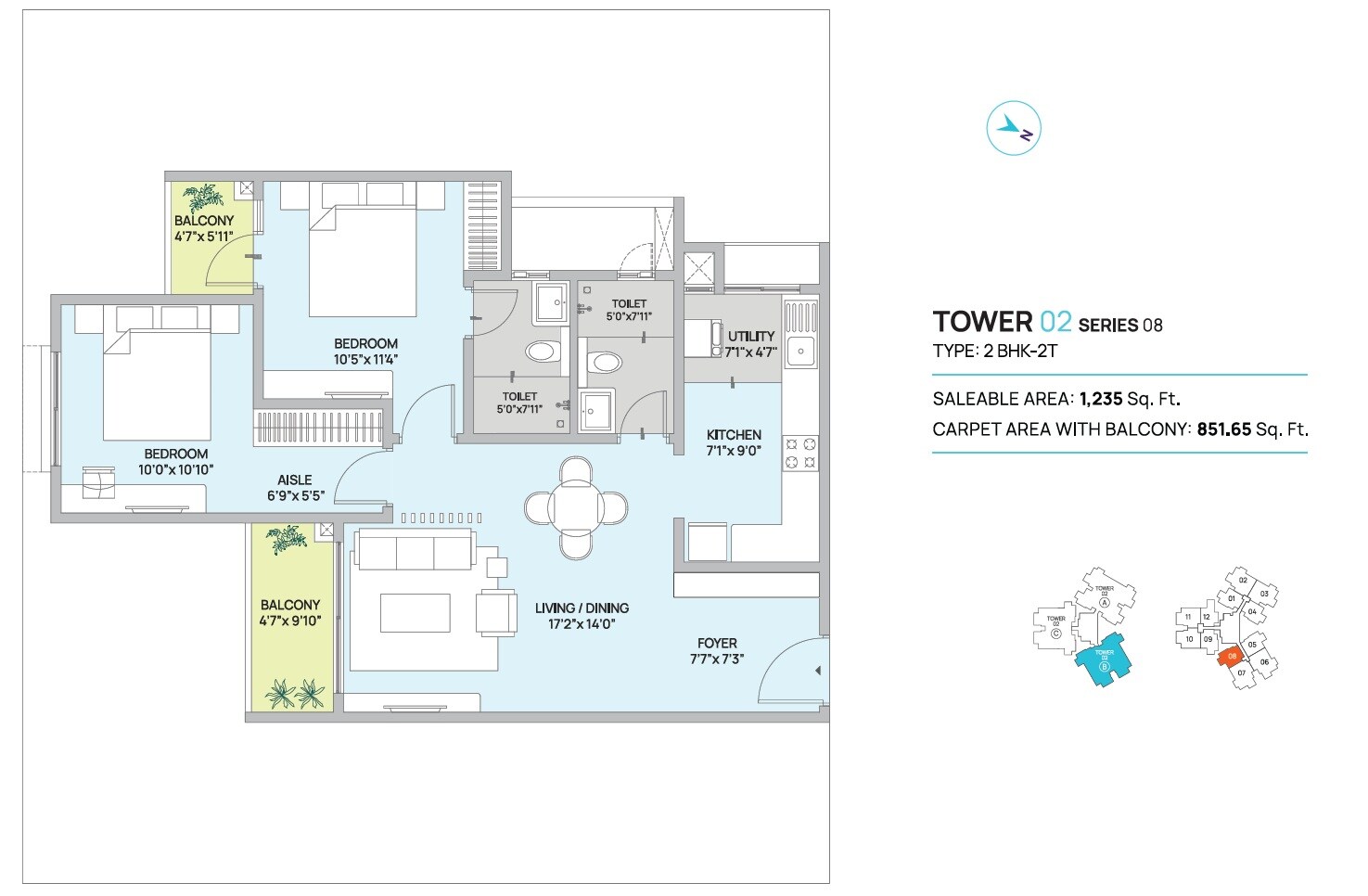 Floor plan of 2 BHK 1235 Sq. Ft. Apartment in Century Kindle, Bangalore