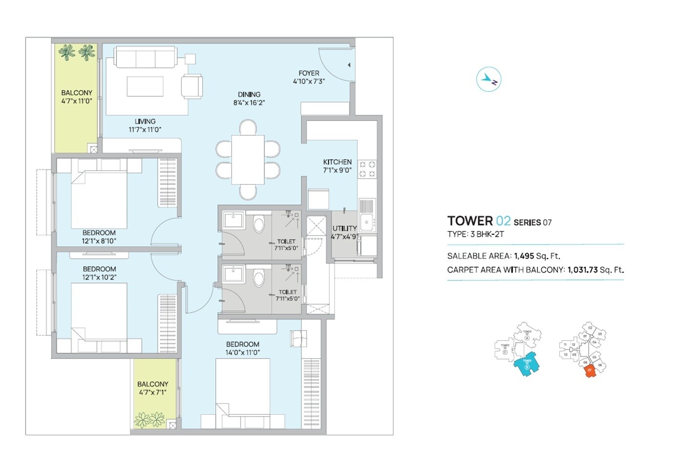 Floor plan of 3 BHK 1495 Sq. Ft. Apartment in Century Kindle, Bangalore