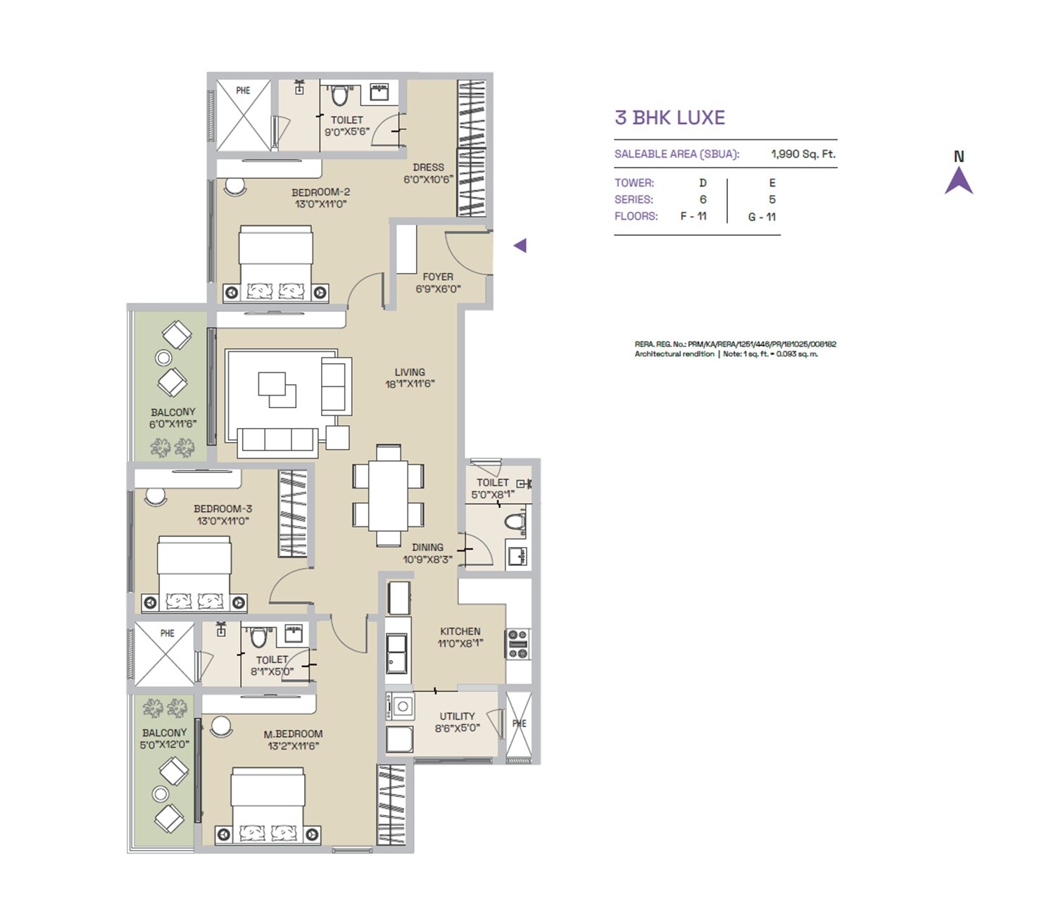 Floor plan of 3 BHK 1990 Sq. Ft. Apartment in Century Mirai, Bangalore
