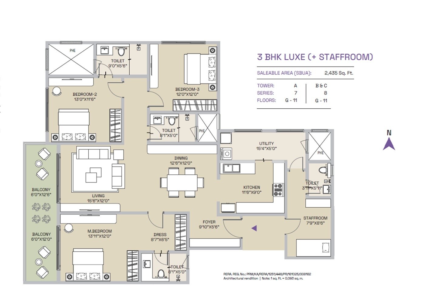 Floor plan of 3 BHK 2435 Sq. Ft. Apartment in Century Mirai, Bangalore