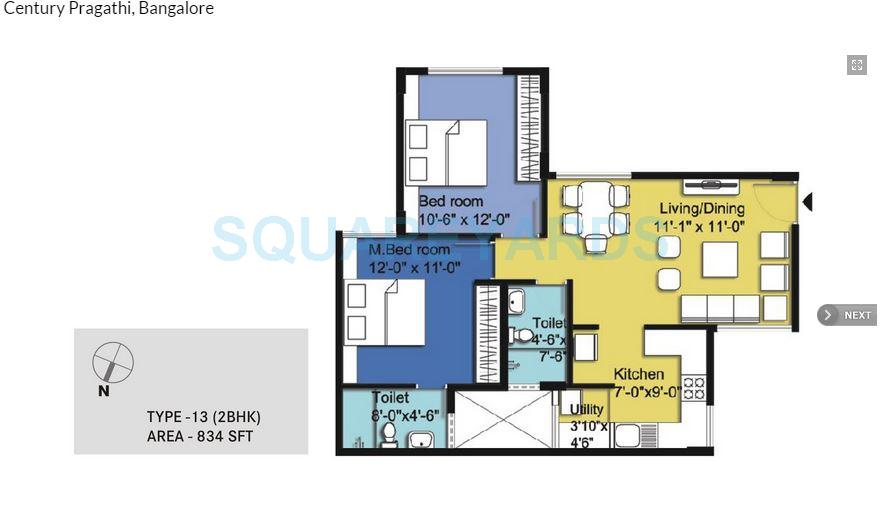 Floor plan of 2 BHK 834 Sq. Ft. Apartment in Century Pragati, Bangalore