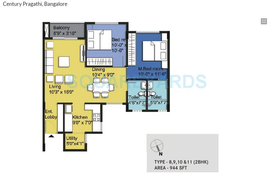 Floor plan of 2 BHK 944 Sq. Ft. Apartment in Century Pragati, Bangalore