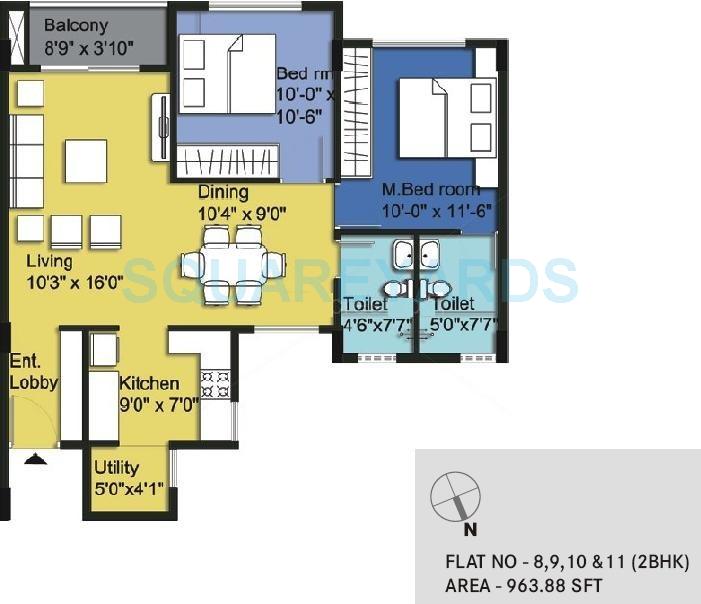 Floor plan of 2 BHK 964 Sq. Ft. Apartment in Century Pragati, Bangalore