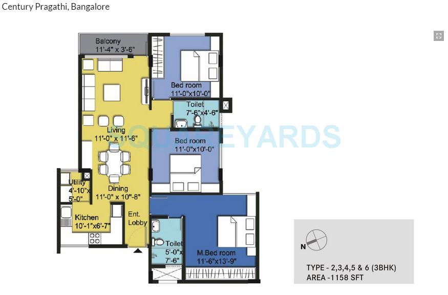 Floor plan of 3 BHK 1158 Sq. Ft. Apartment in Century Pragati, Bangalore